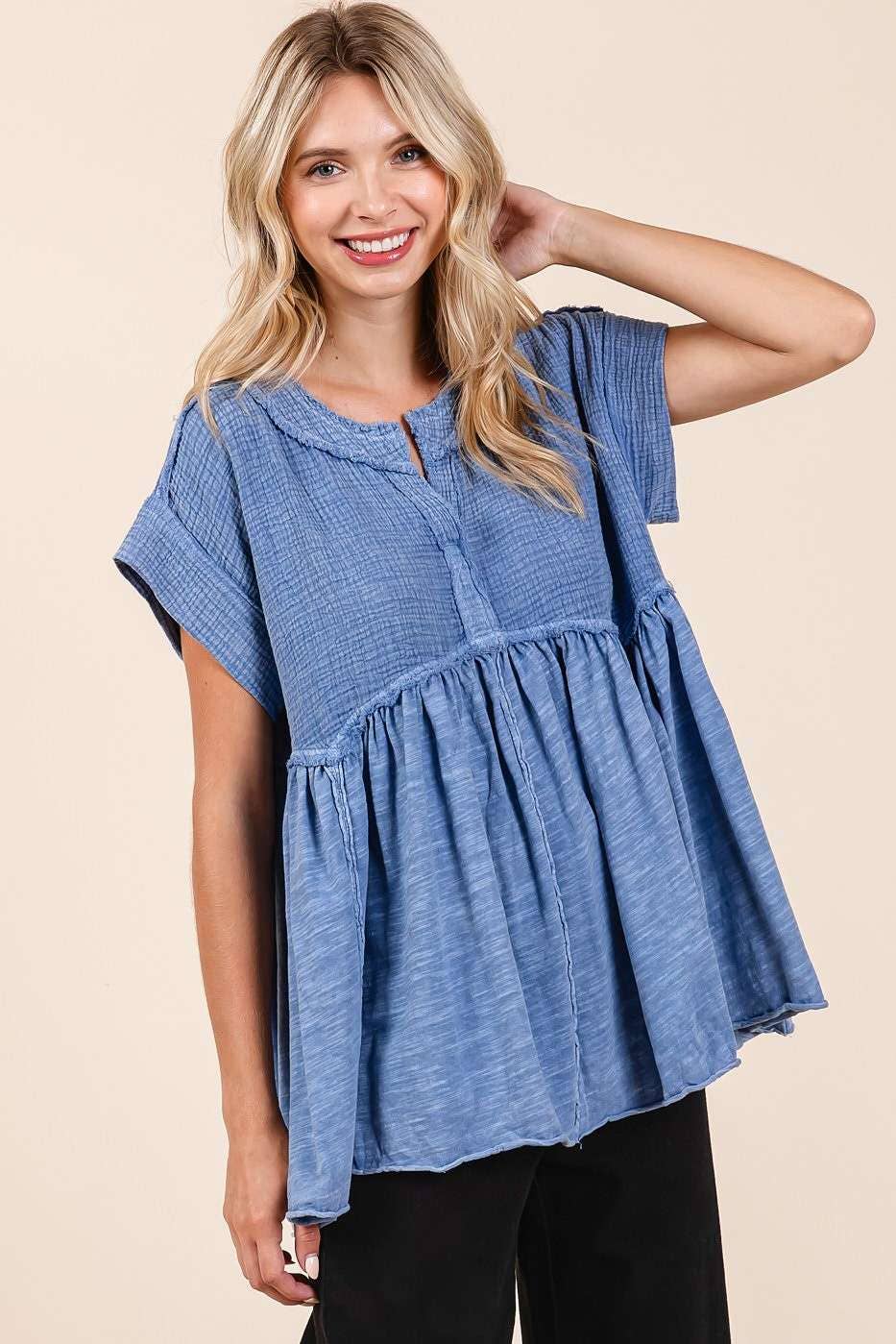 MIXED MEDIA MINERAL WASH BABYDOLL SHORT SLEEVE TOP