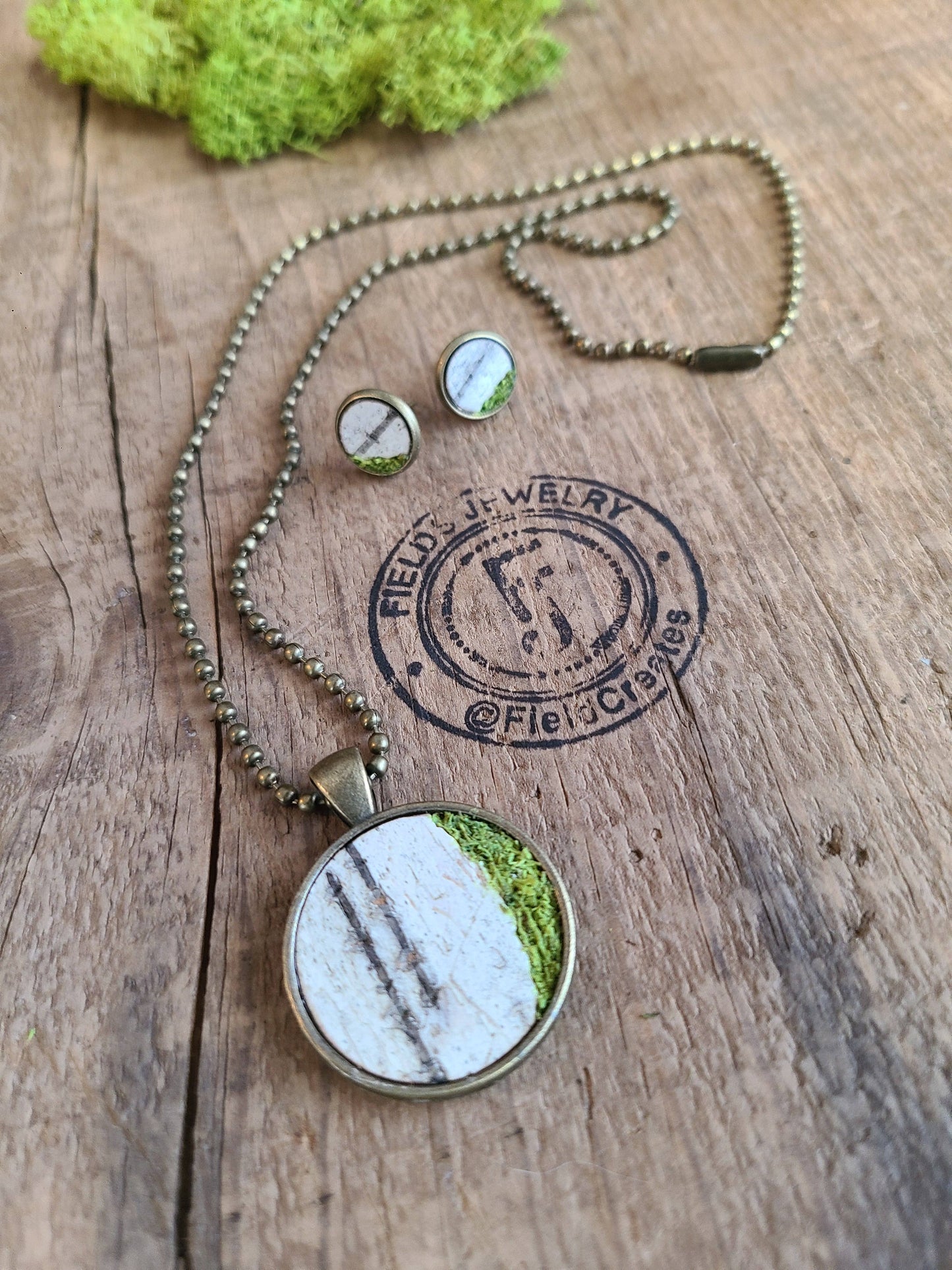 Mossy Birch Bark Circle Necklace & Stud Earring Set
