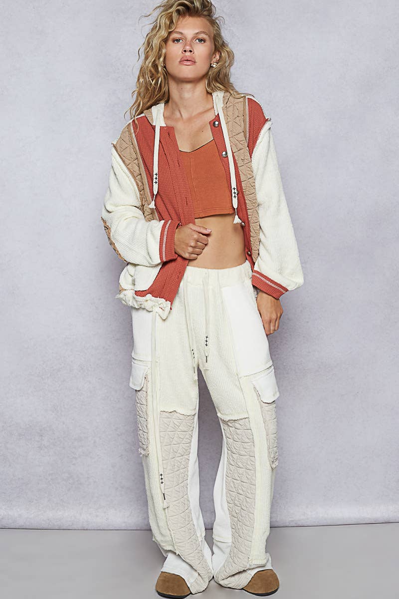 Cut sew multi fabric hooded shacket