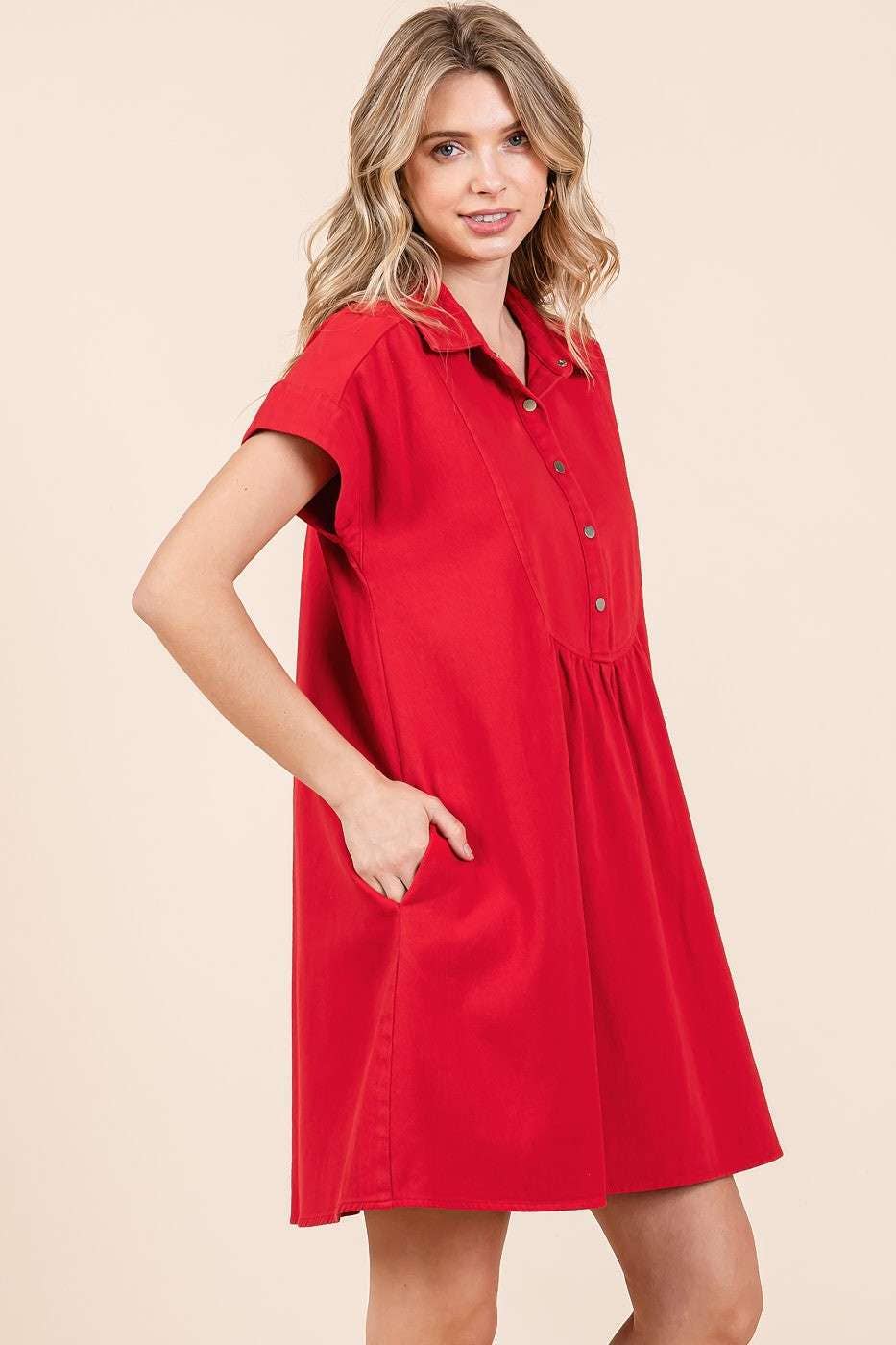 TWILL SHORT SLEEVE COLLARED MINI DRESS