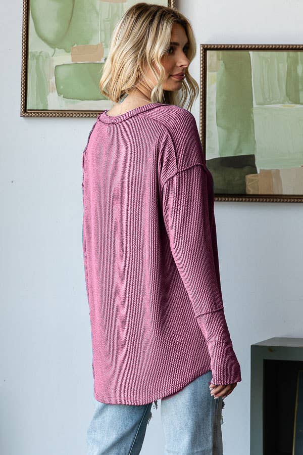 Solid Rib Drop Shoulder exposed Stitch Long Sleeve Top
