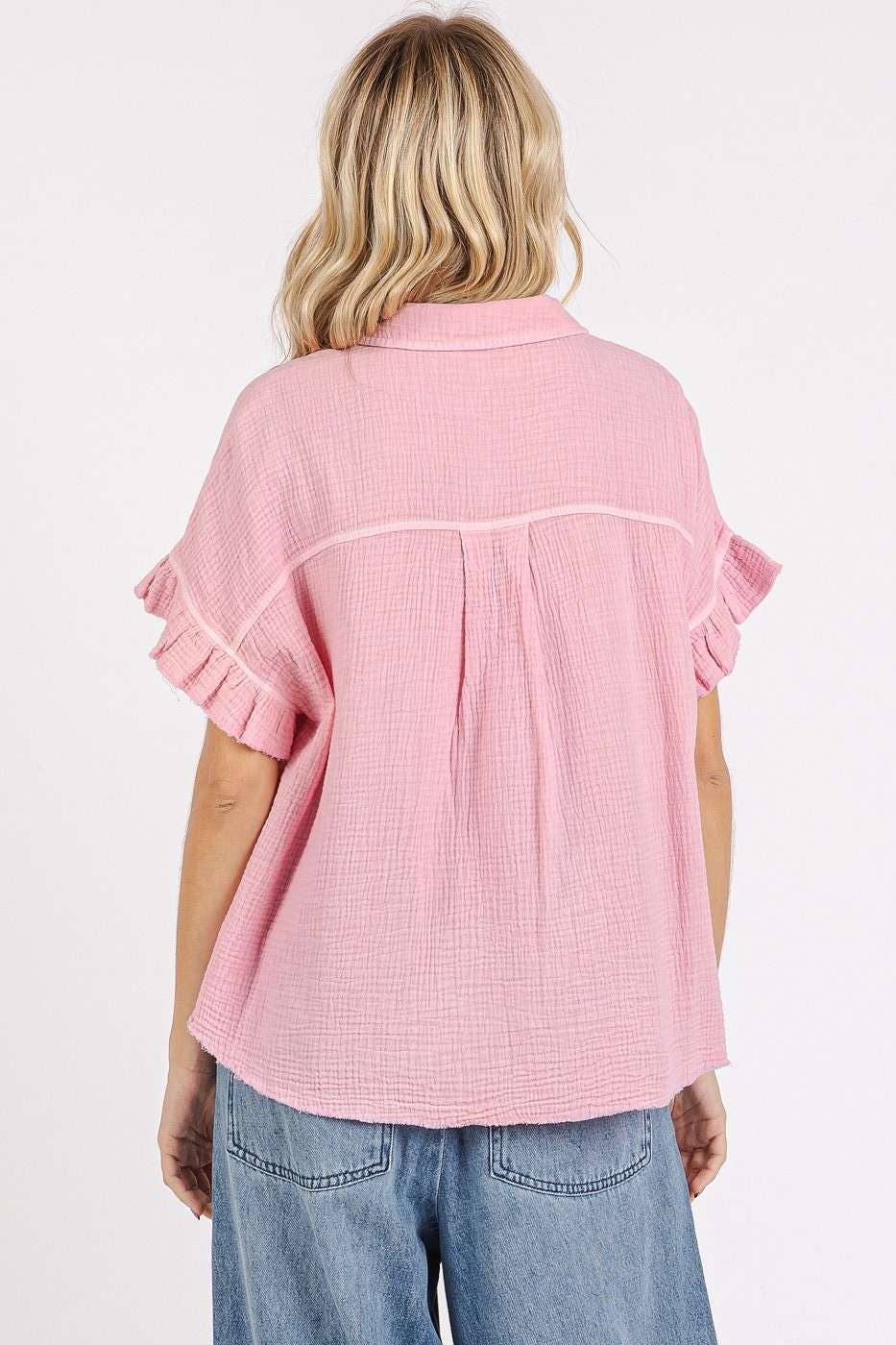 MINERAL WASH GAUZE RUFFLE SHORT SLEEVE SHIRT