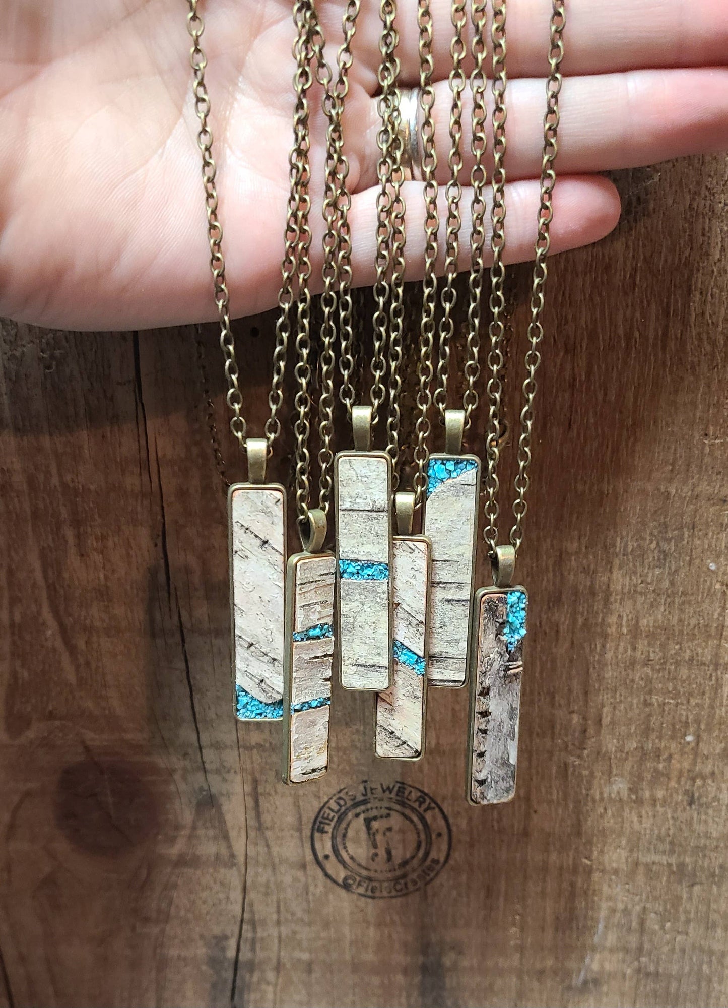 Natural Wood Birch Bark Turquoise Necklace