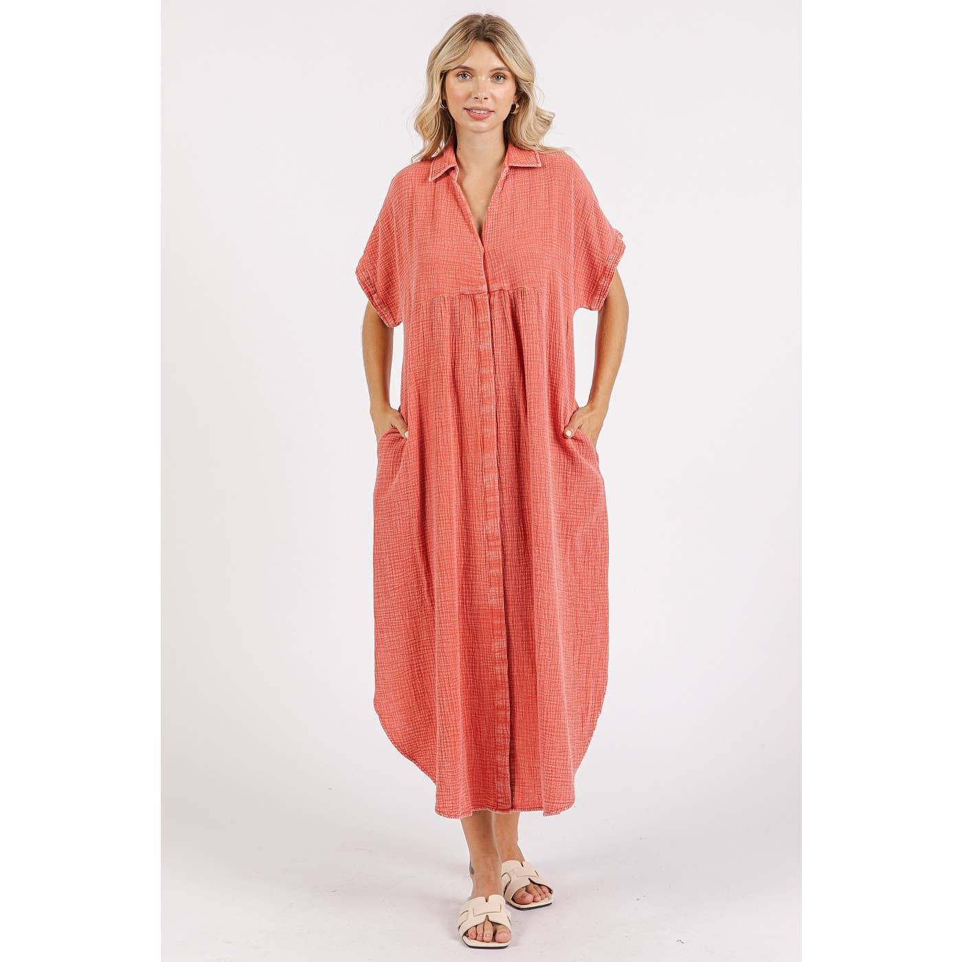 MINERAL WASH V NECK BUTTON UP RELAXED MIDI DRESS
