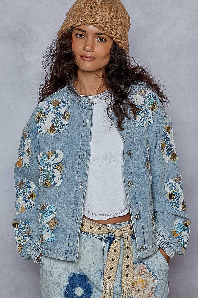 Mock neck balloon sleeve oversized fit quilted denim Jacket