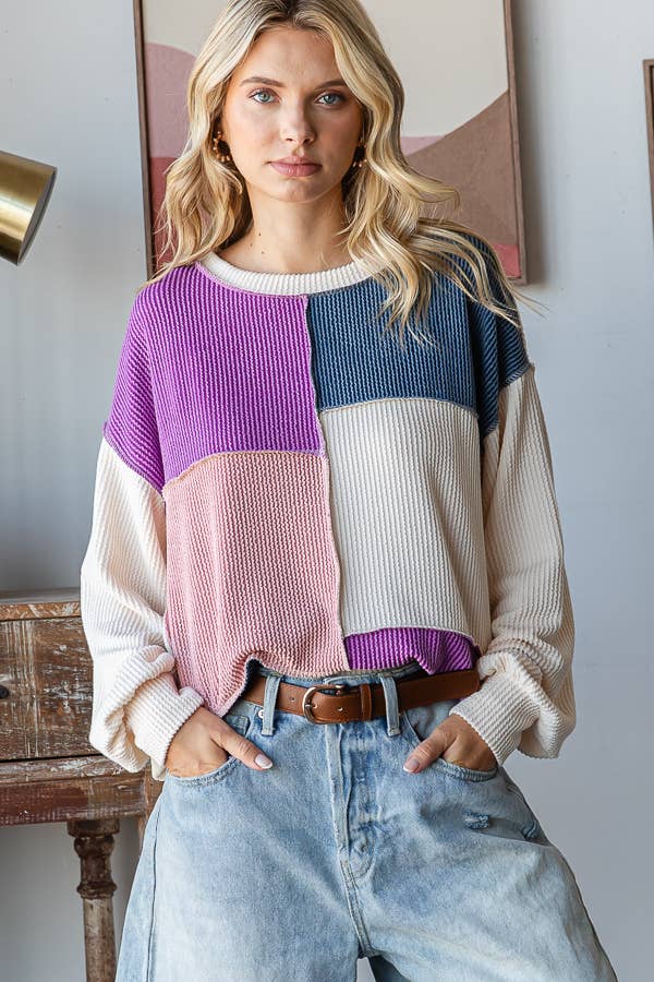 Patchwork Detail Rib Knit Top for Women
