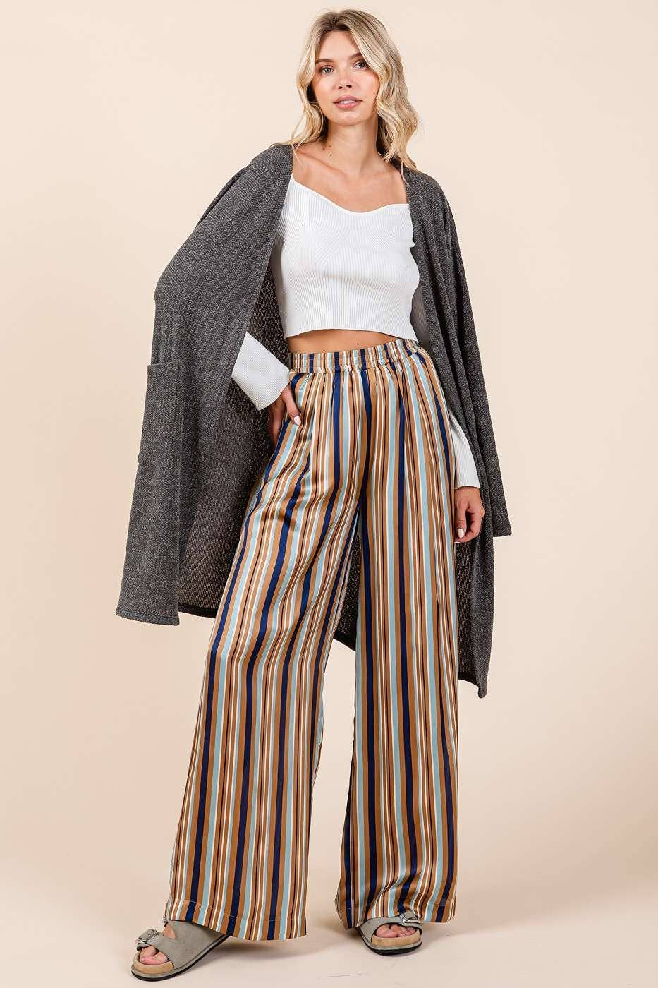 MULTICOLOR STRIPED PRINT SATIN ELASTIC WAIST PANTS
