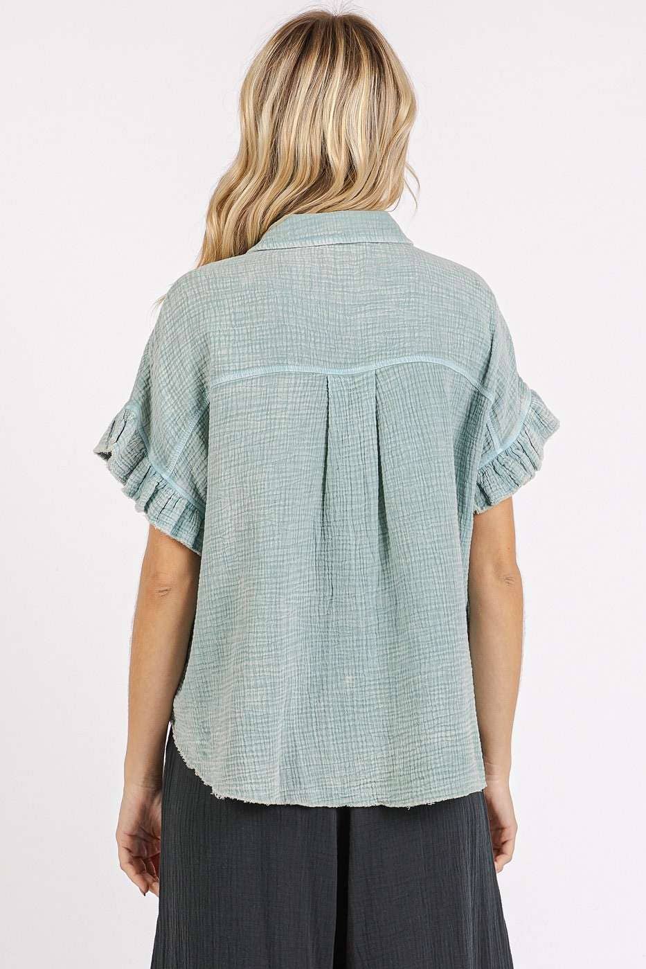 MINERAL WASH GAUZE RUFFLE SHORT SLEEVE SHIRT