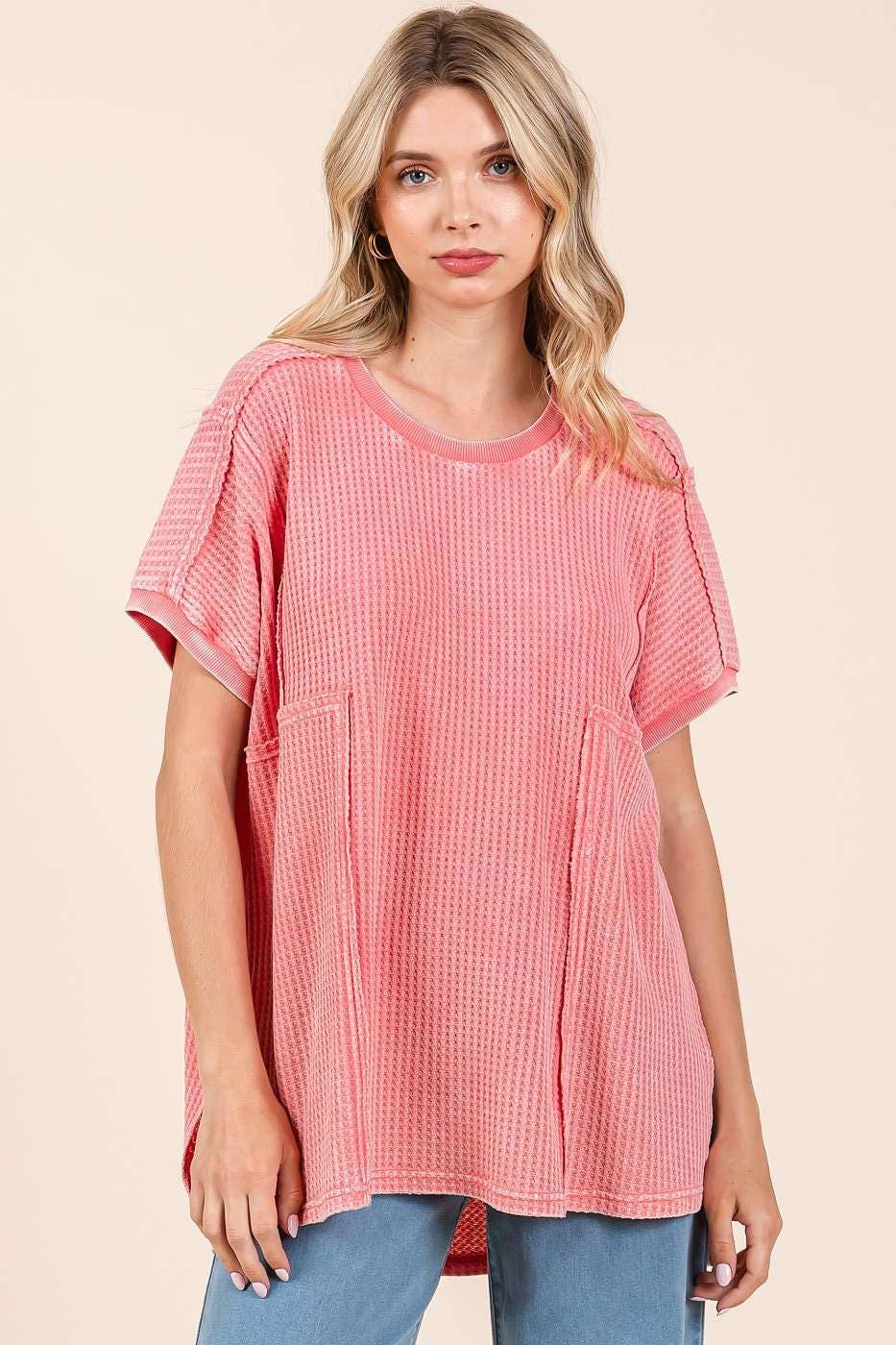 MINERAL WASH WAFFLE KNIT SEAM DETAIL TUNIC TOP: PASSION CORAL