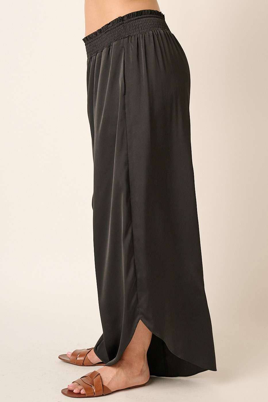 PLUS TEXTURE SATIN SMOCKED WAIST WIDE LEG PANTS