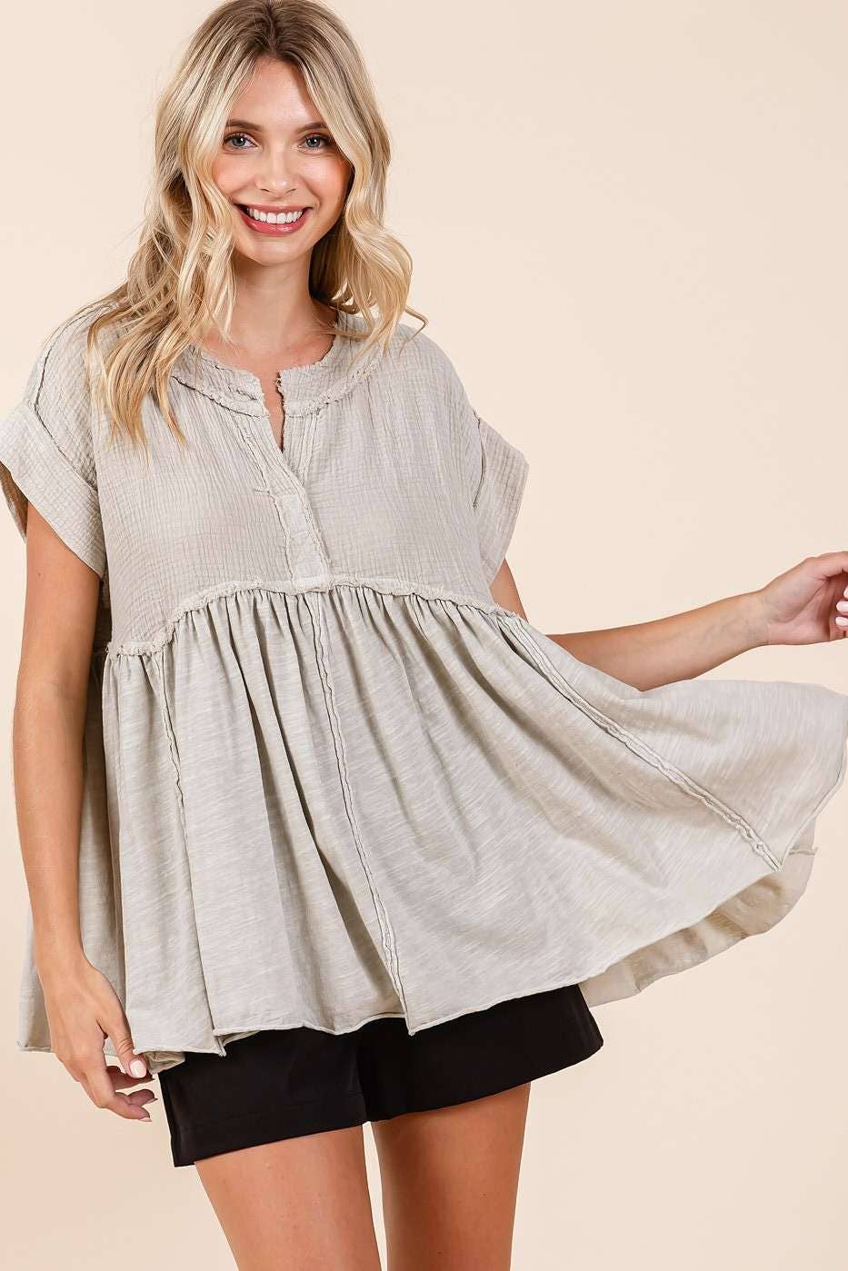 MIXED MEDIA MINERAL WASH BABYDOLL SHORT SLEEVE TOP