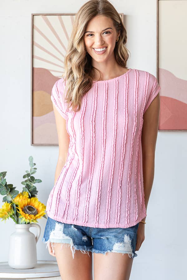 Lightweight Stripe Textured Cap Sleeves Blouse