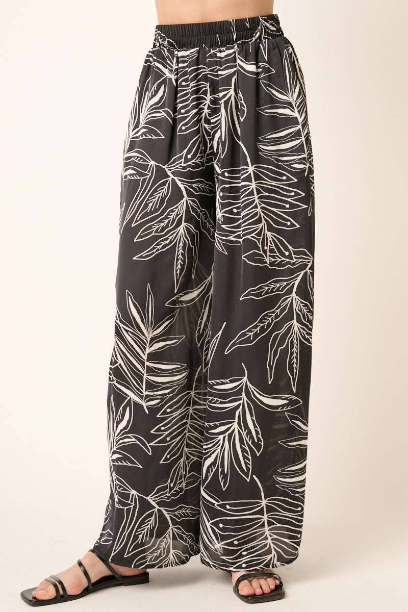 LEAF PRINT SATIN WIDE LEG PANTS