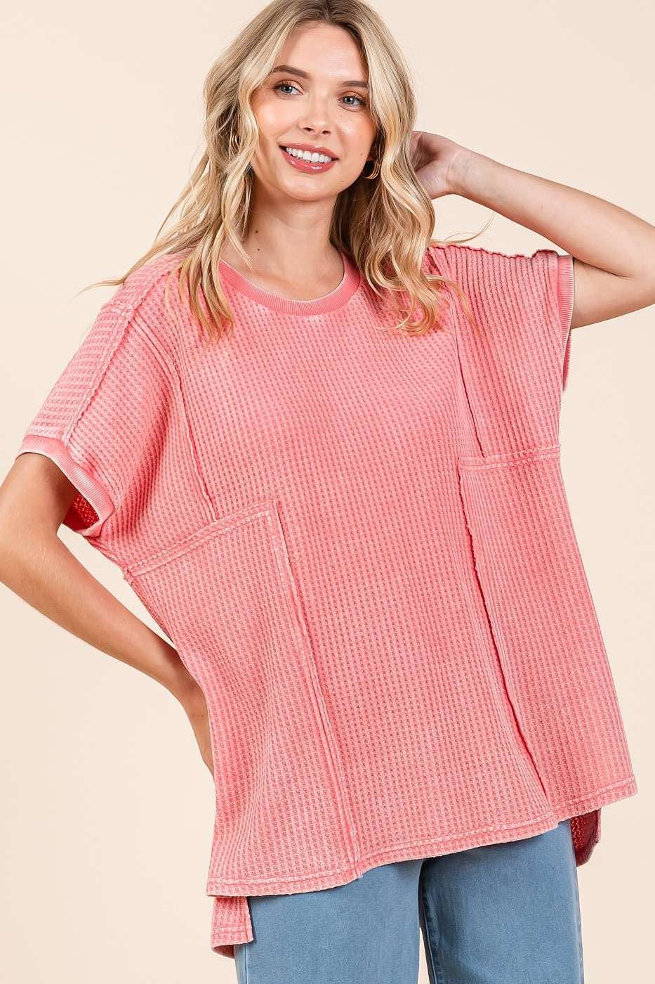 MINERAL WASH WAFFLE KNIT SEAM DETAIL TUNIC TOP: PASSION CORAL