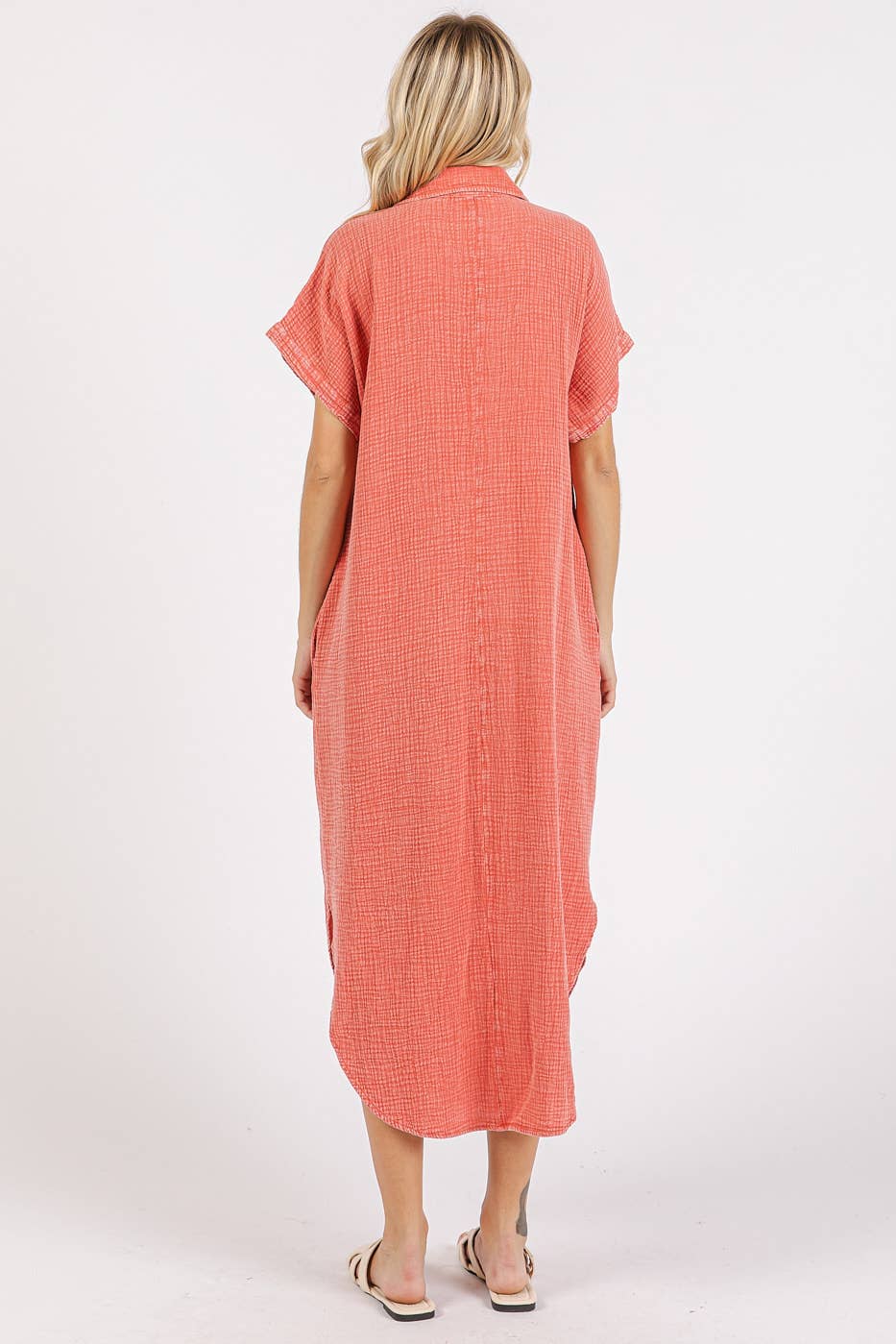 MINERAL WASH V NECK BUTTON UP RELAXED MIDI DRESS