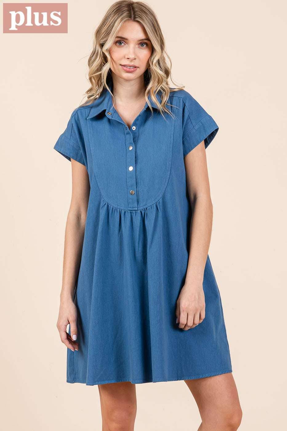 TWILL SHORT SLEEVE COLLARED MINI DRESS (Plus)