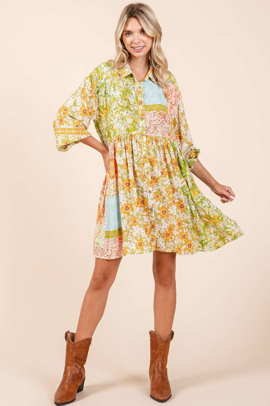 MIXED PATCHWORK PRINT BABYDOLL MINI SHIRT DRESS - Green Tea