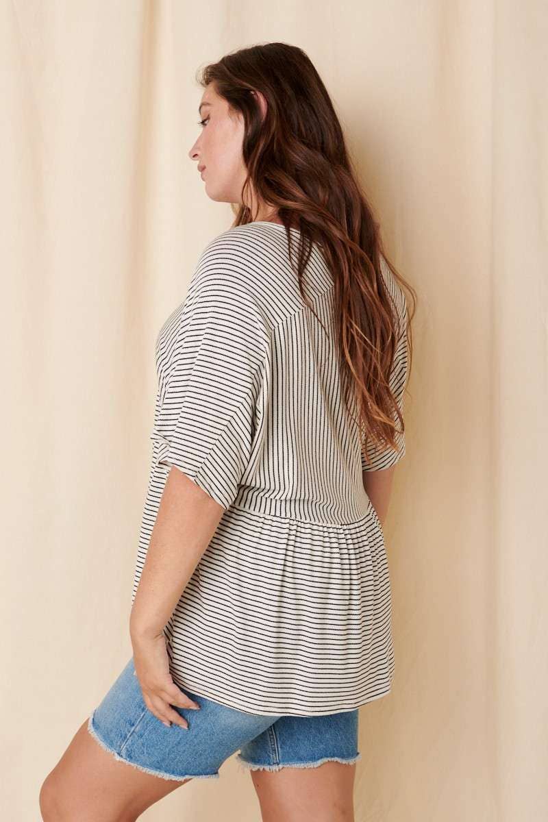 STRIPE V-NECK BABYDOLL KNIT TOP (Plus)
