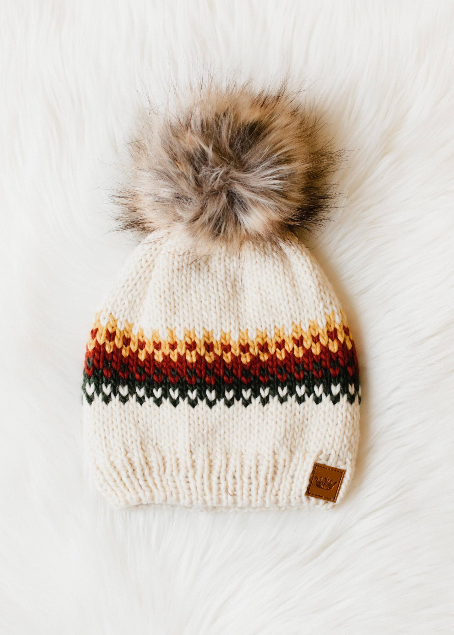 Cream, Mustard, Rust & Olive Patterned Pom Hat