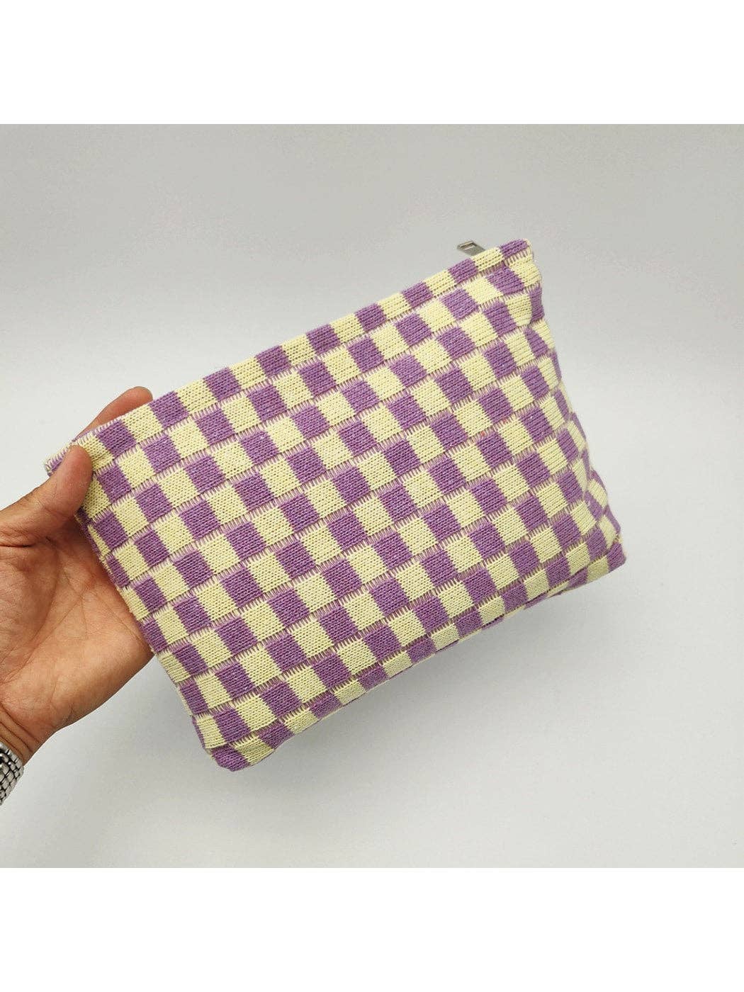 Colorblock Checkered Knit Zip Pouch