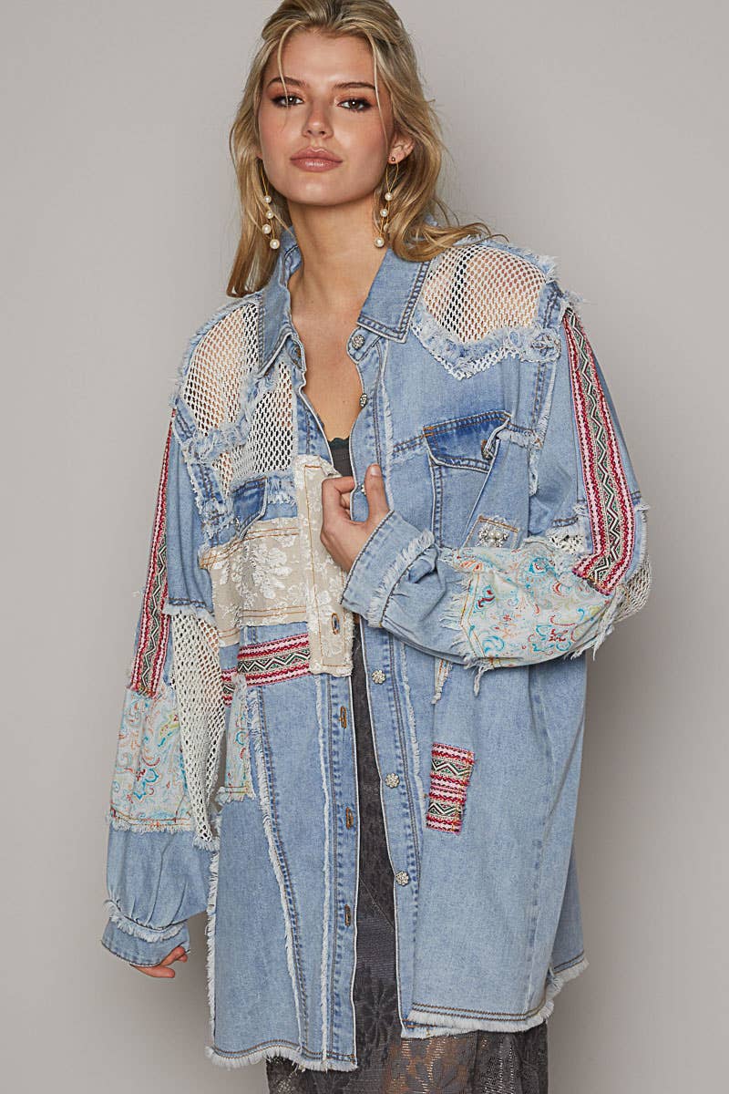 Oversize long sleeve crochet patchworks button down shacket