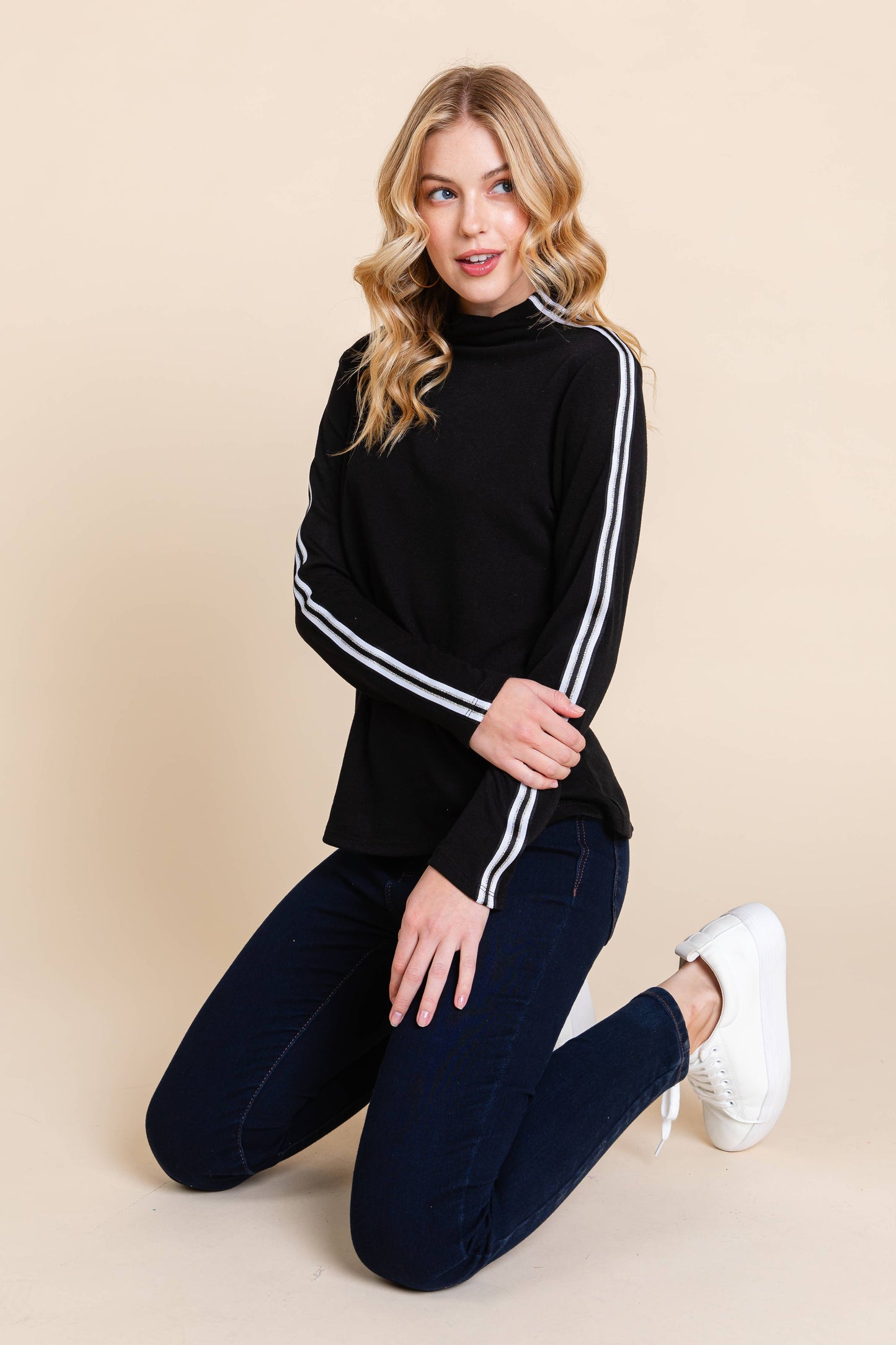 Long Sleeve Solid Mock Neck Casual Top