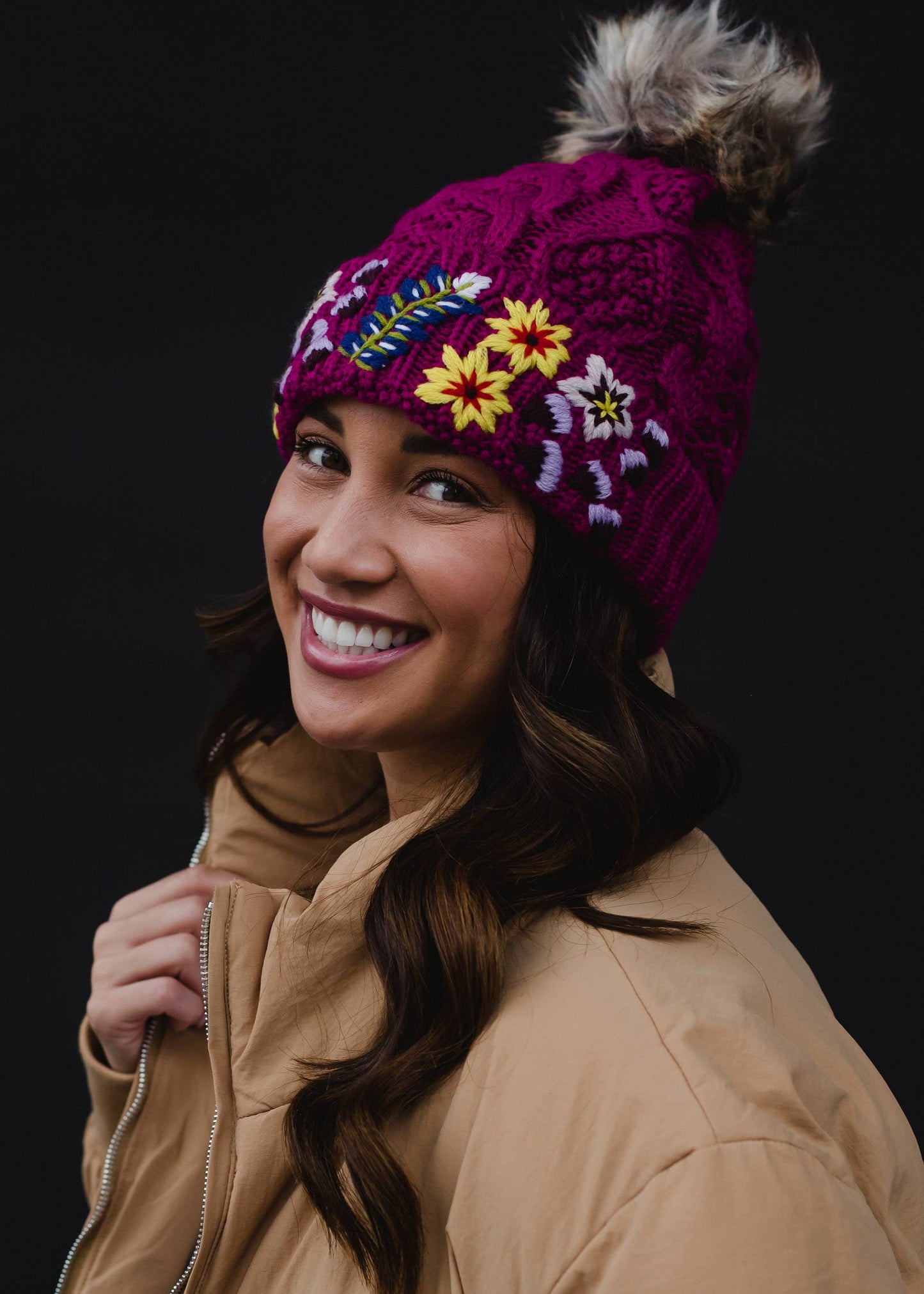 Luxe Magenta w/ Floral Pattern Cuff Pom Hat