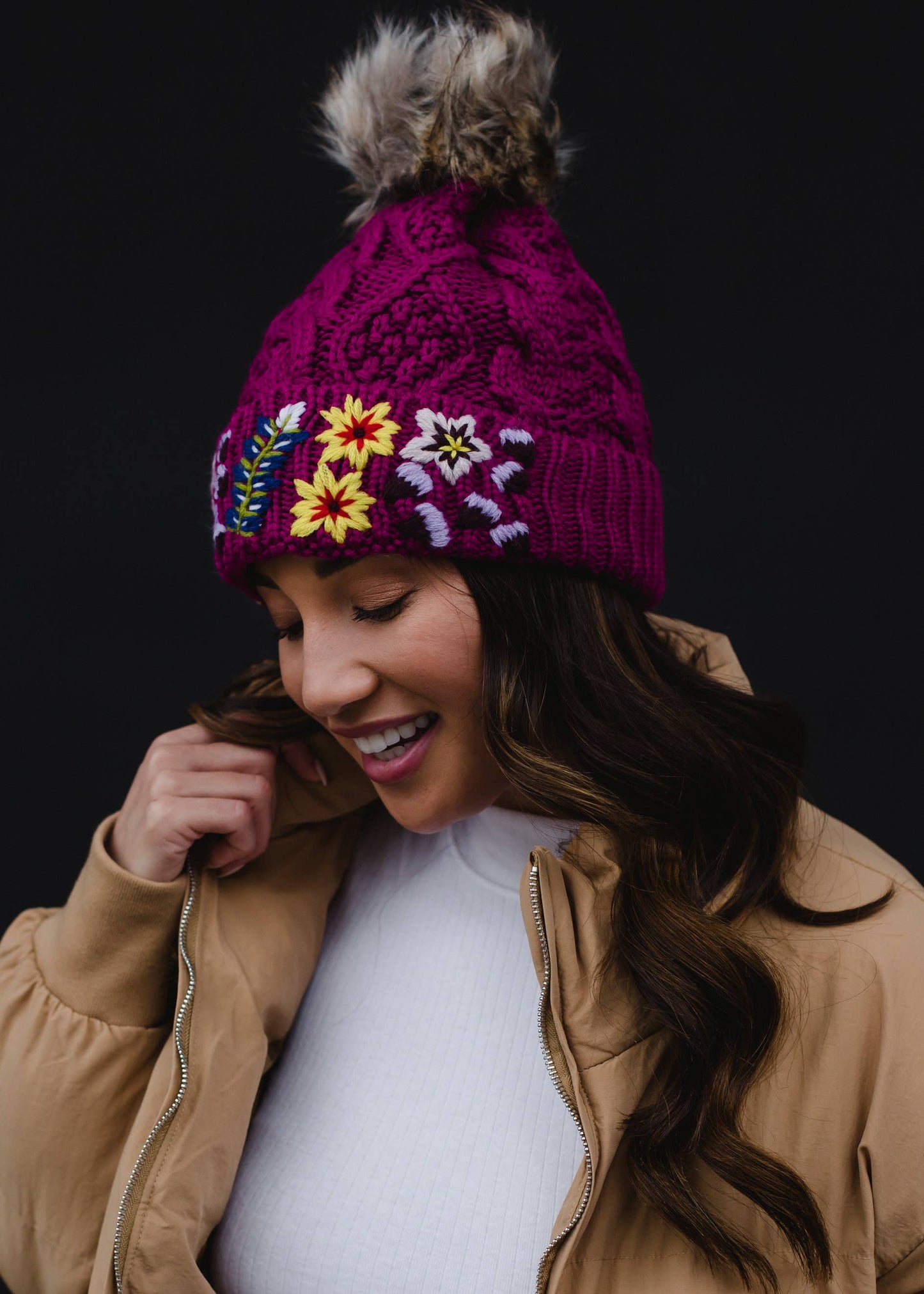 Luxe Magenta w/ Floral Pattern Cuff Pom Hat