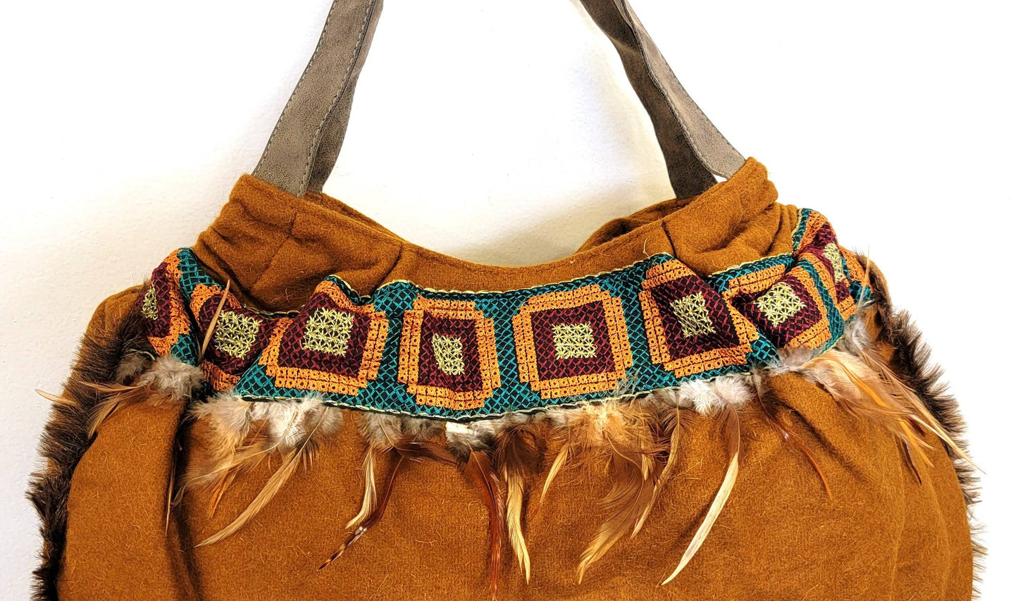 Wool Felt Leather Feather Bag