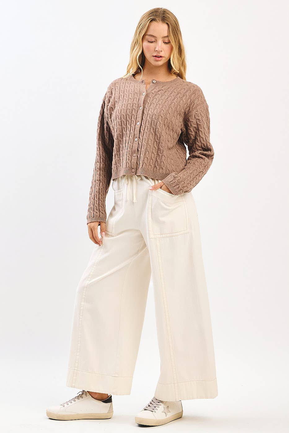 MINERAL WASH WIDE LEG ELASTIC WAIST TWILL PANTS