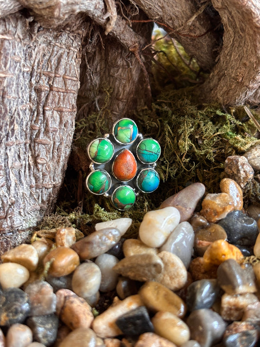 Peacock Dahlia Cluster Ring with Sponge Coral | Adjustable