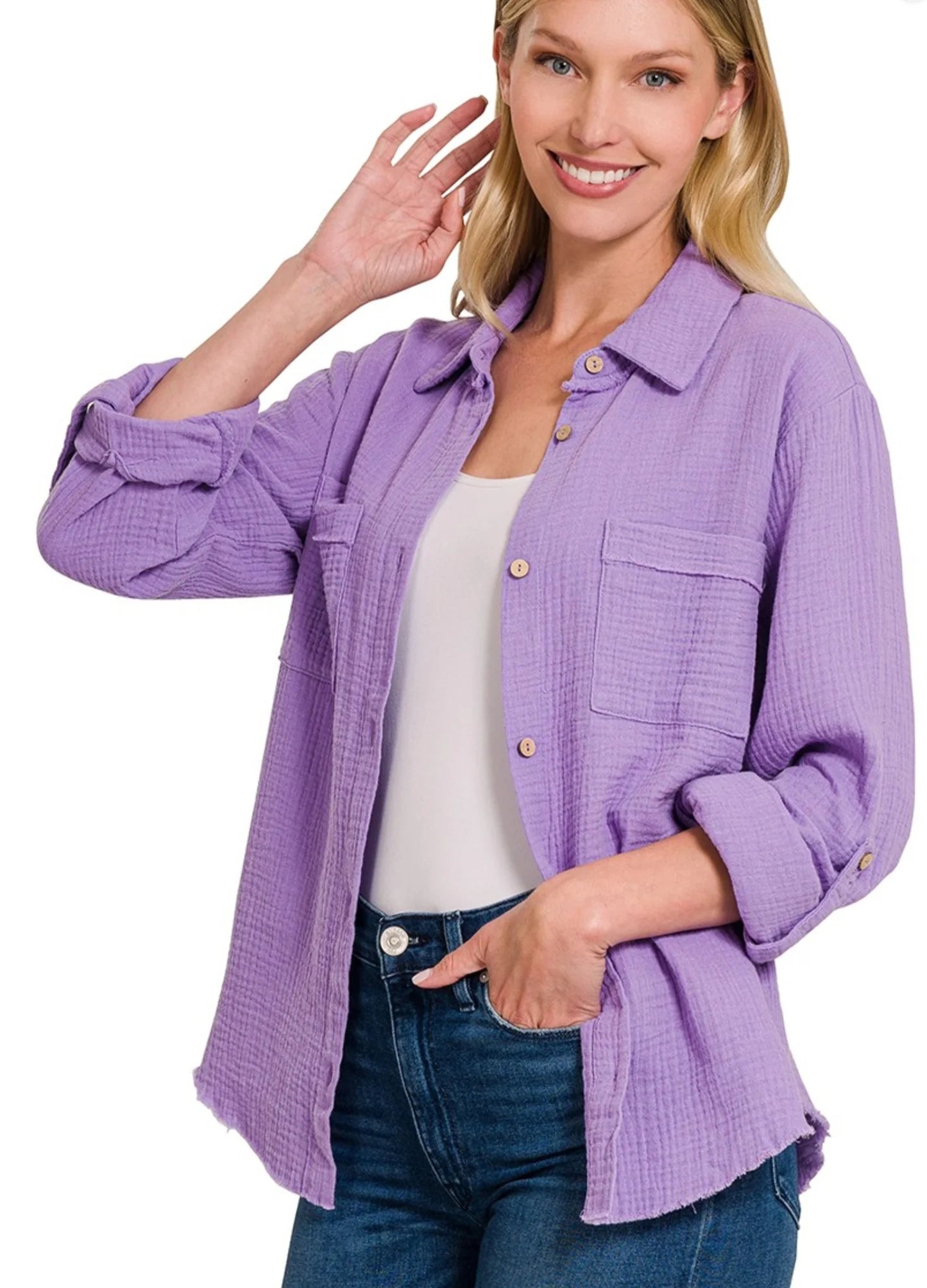 Texture Button Up Raw Hem Long Sleeve Shirt