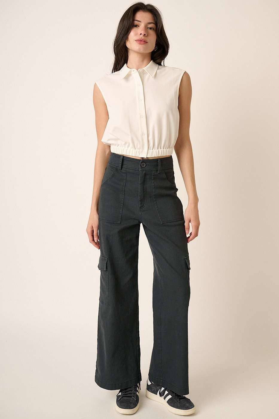 TWILL CARGO WIDE LEG HIGH WAISTED PANTS