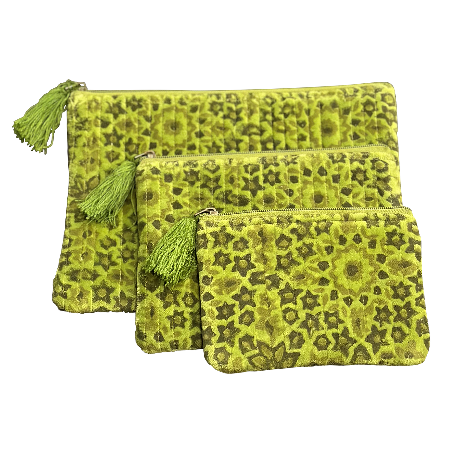 Spring Green Block Print and Quilted Floral Pouches Set of 3
