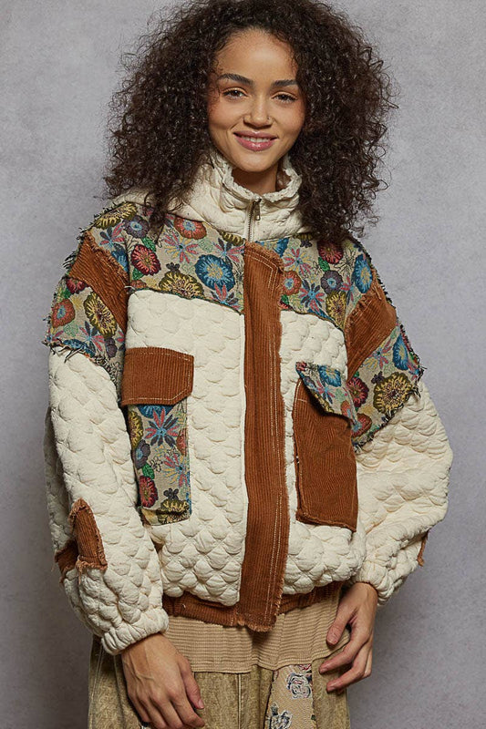 Oversize floral print contrast qulited jacket (2 style options)