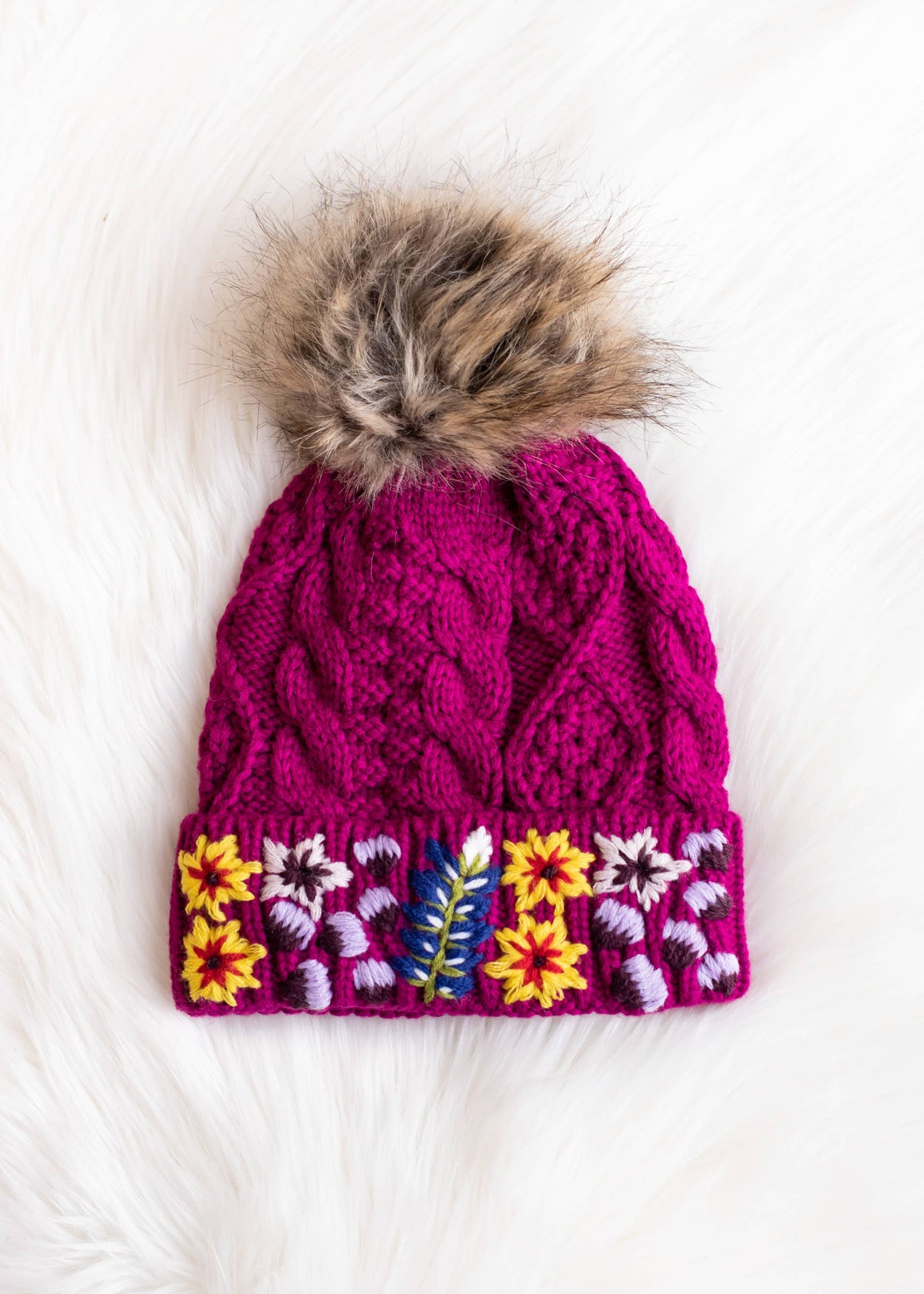 Luxe Magenta w/ Floral Pattern Cuff Pom Hat