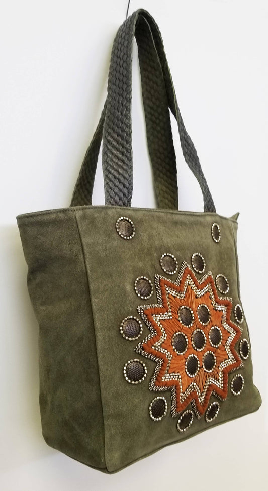 Leather Suede Tote Boho Embroidered Bag