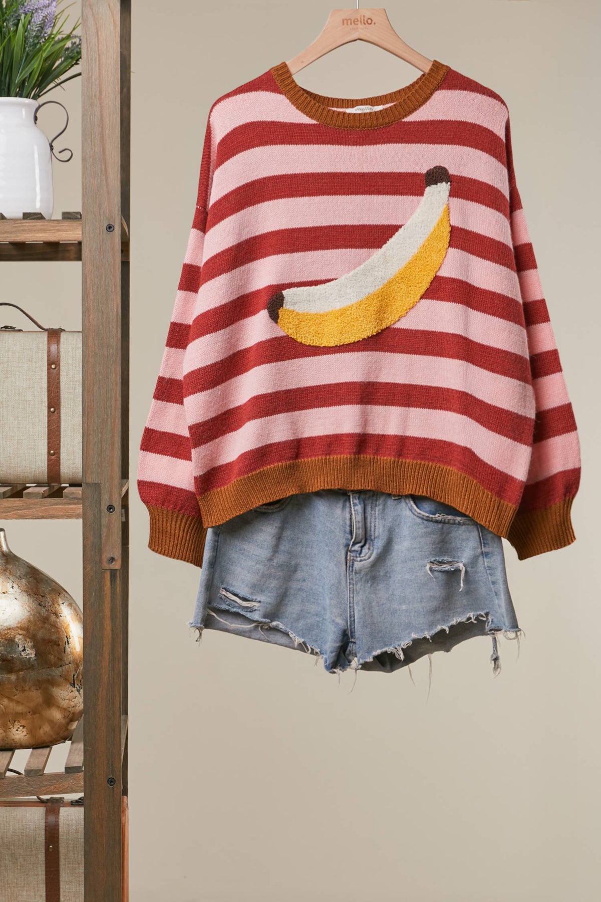 Cozy Striped Sweater with Fun Banana Detail