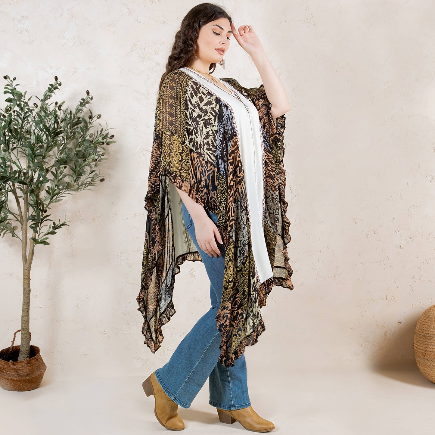 Natural Bohemian Embroidered Colorblocked Shrug