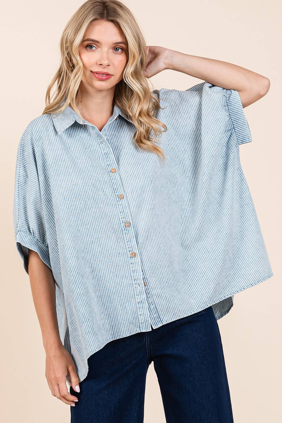 WASHED STRIPED PRINT DOLMAN BUTTON DOWN SHIRT