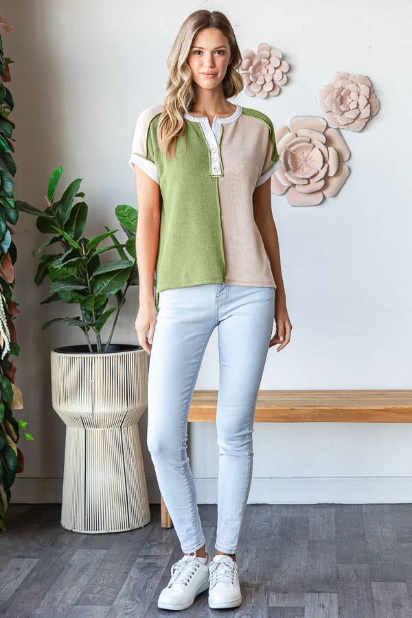 Ribbed Color Block Button Front Hi Low Short Sleeve