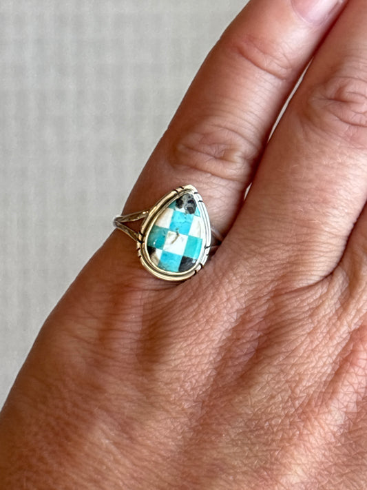 White Buffalo Turquoise Mosaic Ring | Size 7