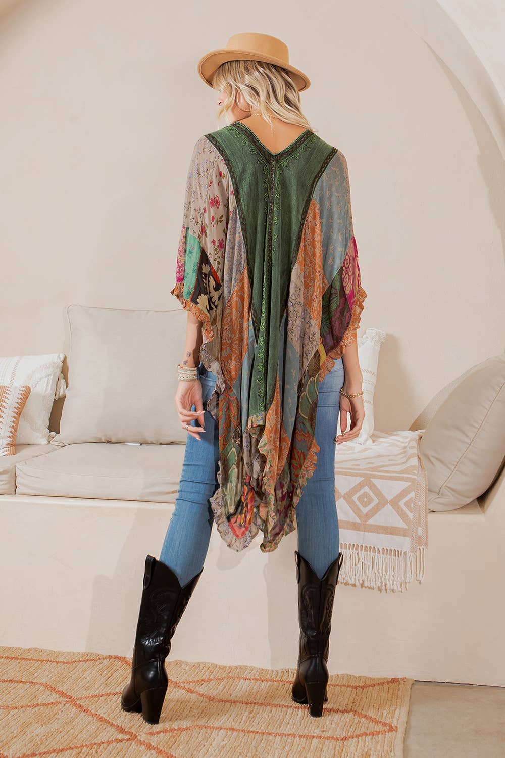 Natural Bohemian Embroidered Colorblocked Shrug