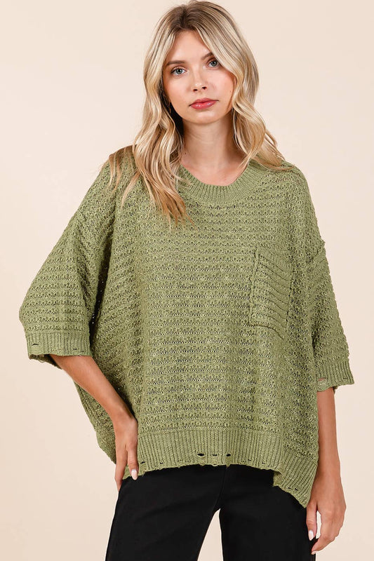 DISTRESSED HEM SHORT SLEEVE LOOSE SWEATER KNIT TOP