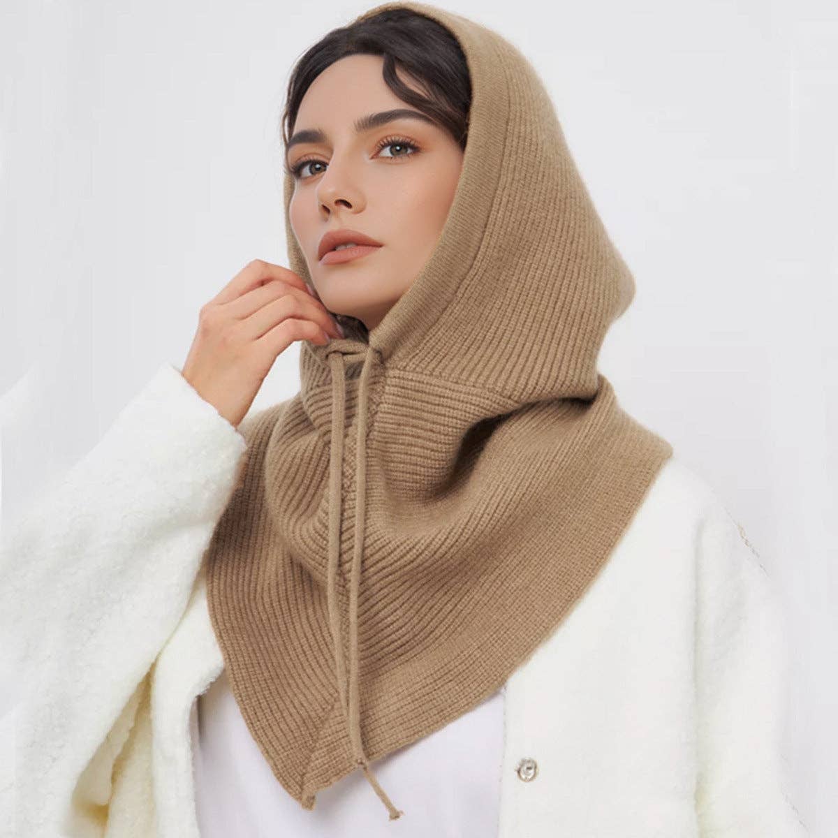 Simple Solid Color Drawstring Hooded Scarf Hat