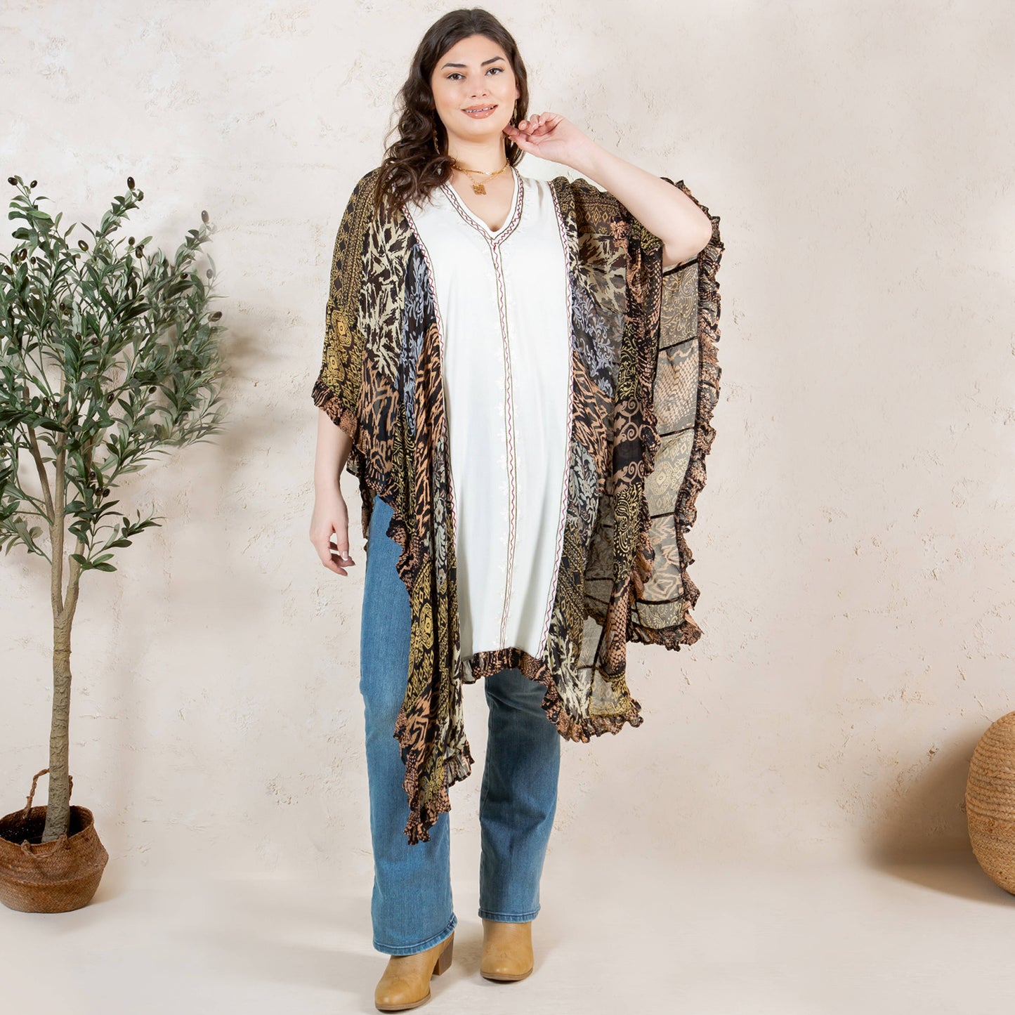 Natural Bohemian Embroidered Colorblocked Shrug