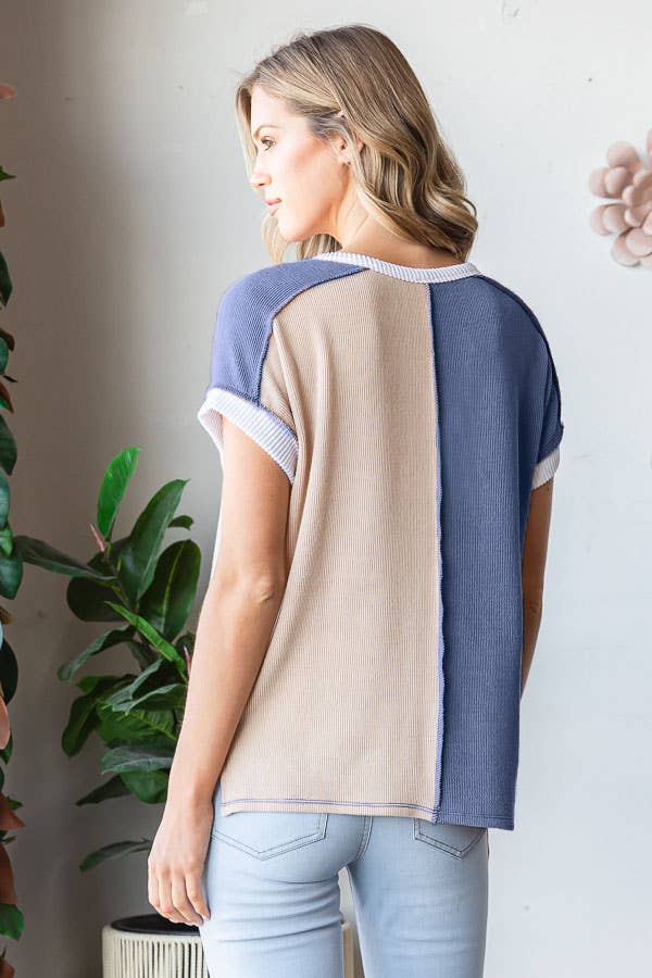 Ribbed Color Block Button Front Hi Low Short Sleeve