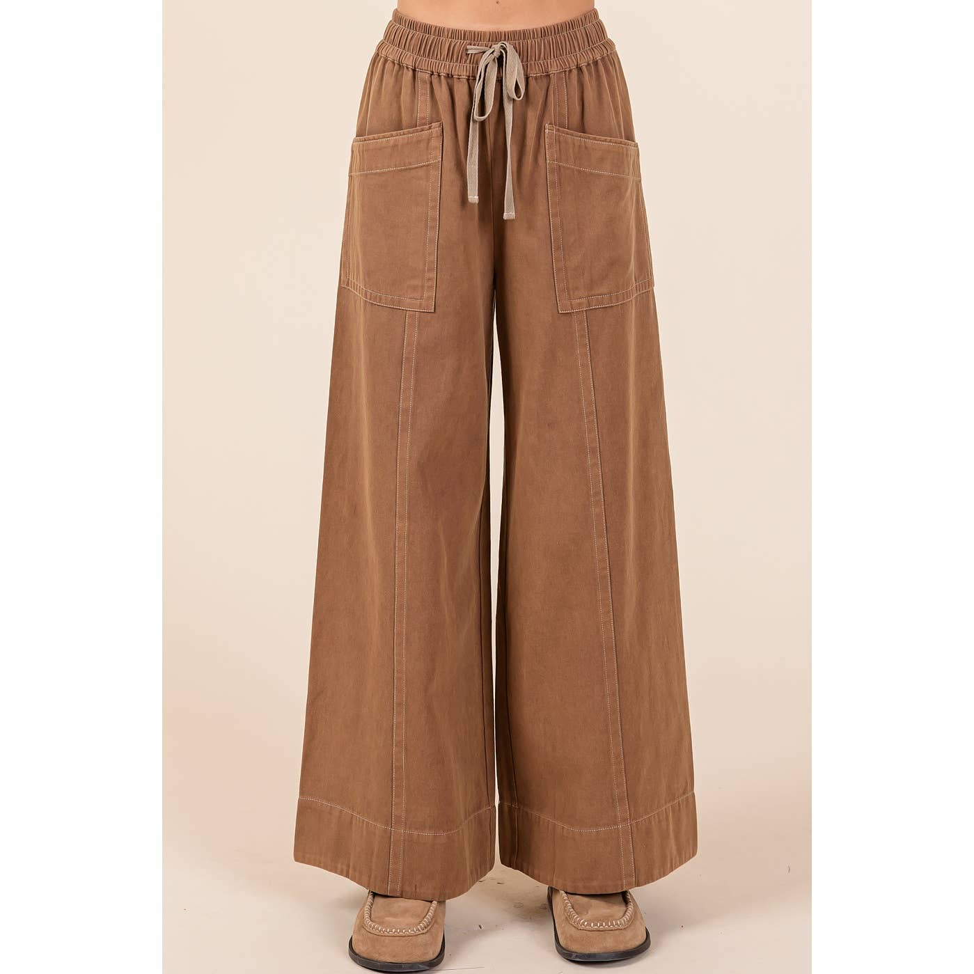 MINERAL WASH WIDE LEG ELASTIC WAIST TWILL PANTS