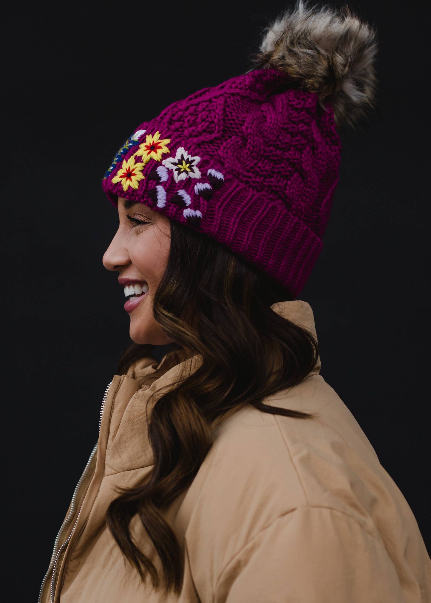 Luxe Magenta w/ Floral Pattern Cuff Pom Hat