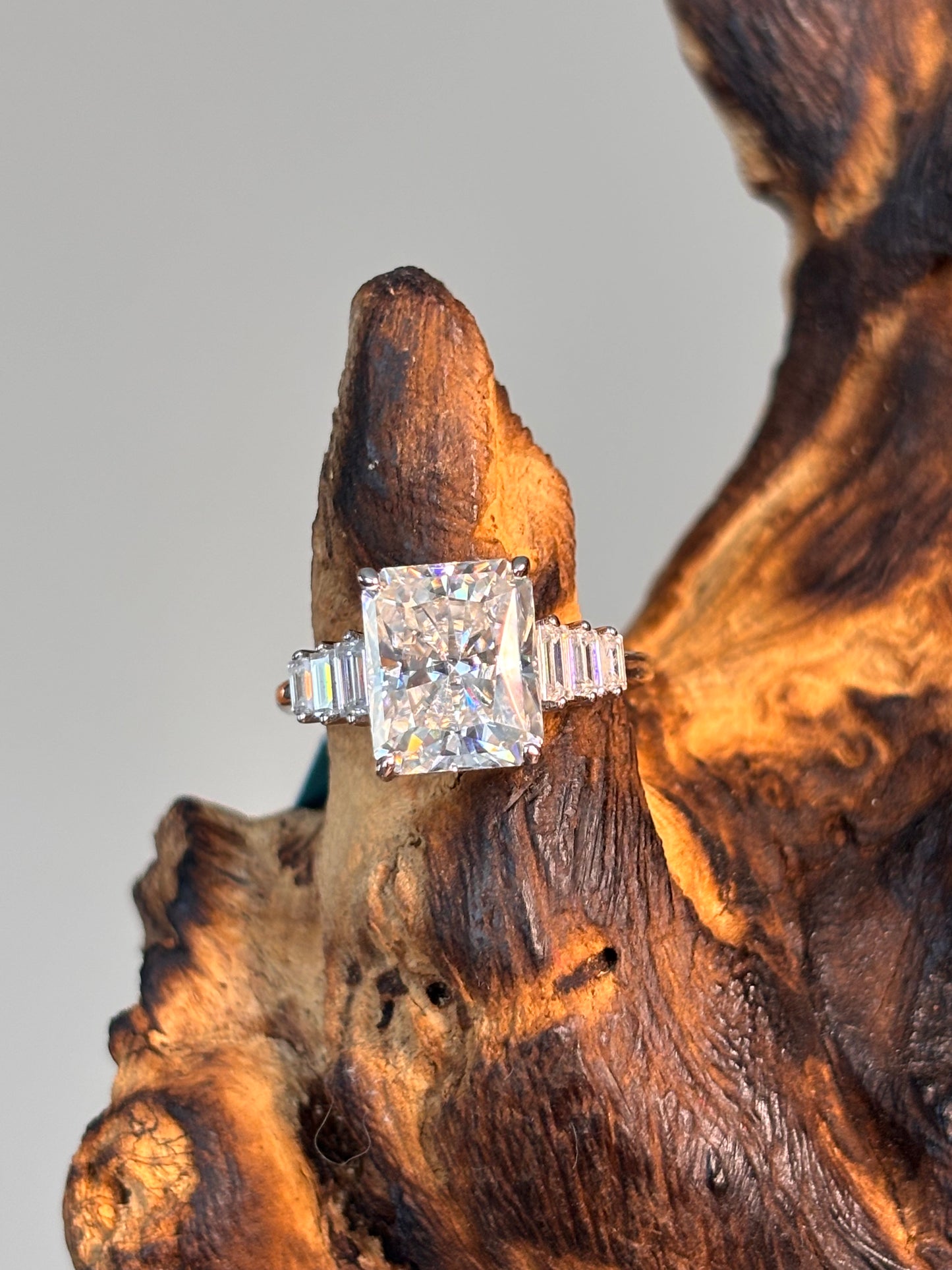 Moissanite Radiant Center Stone with Baguette Side Stones Ring